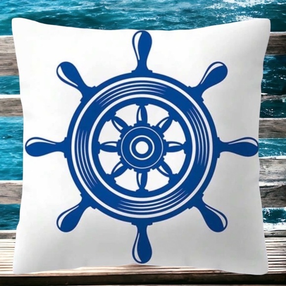 Coastal Pillow Cover Ship Wheel Nautical Beach Decor Square 17.75 in Blue White - Picture 1 of 16